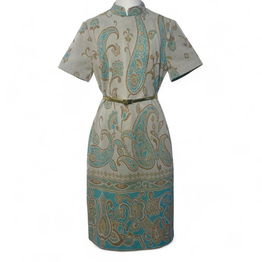 Vintage 1960s / 1970s Edith Flagg gold paisley sheath dress